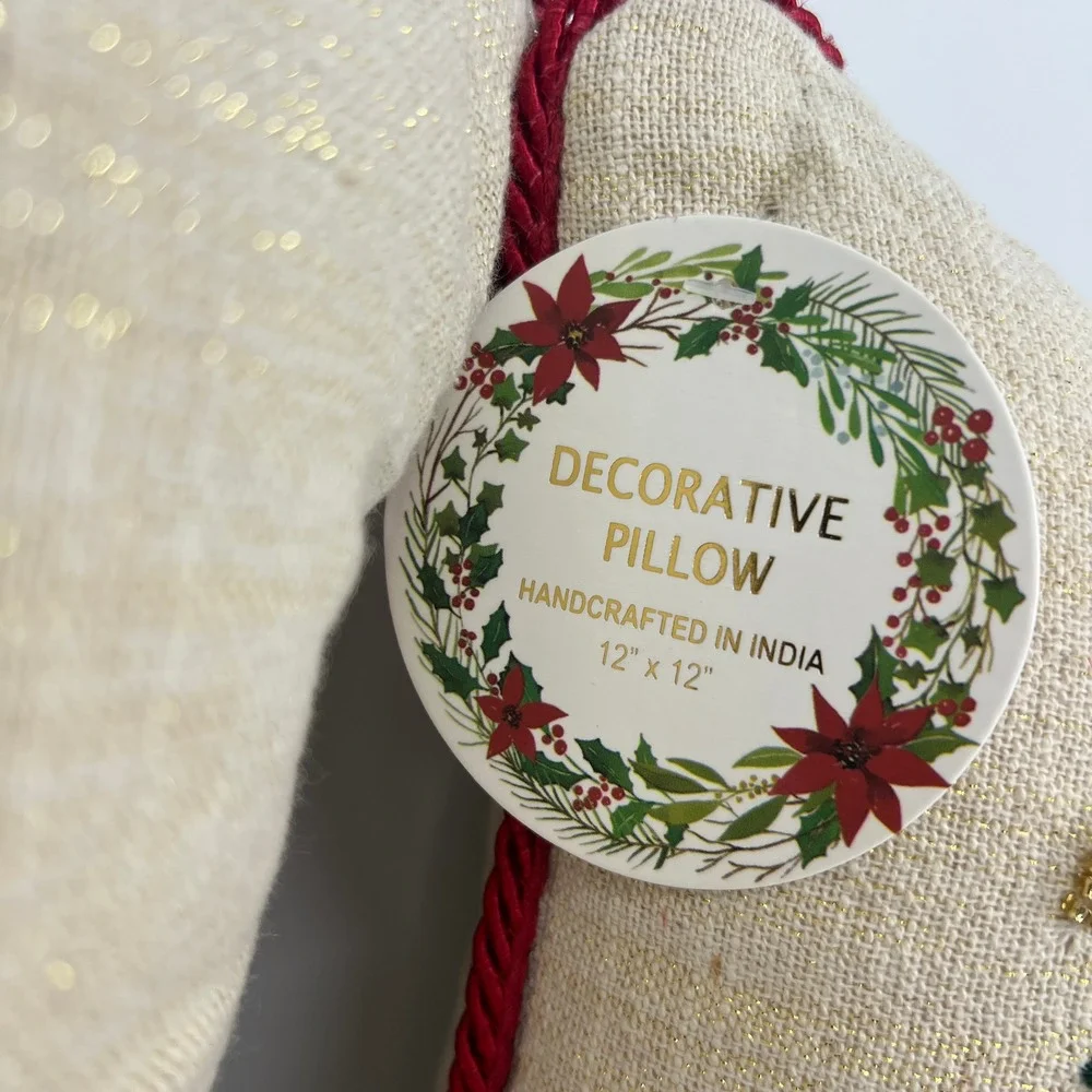 Beaded Poinsettia Decorative Pillows Red Gold‎ Christmas 12 x 12 Set of 2 NEW